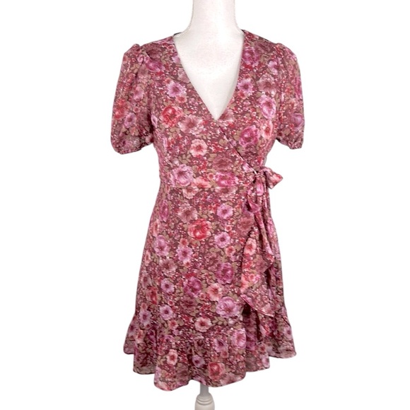 Mi Ami Dresses & Skirts - Mi Ami for Francesca Burgundy & Pink Floral Gold Tinsel Cottagecore Wrap Dress S